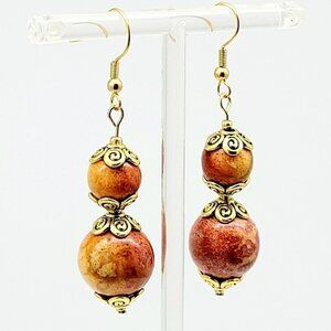 Artisan Wood Beaded Earrings Drop Dangle Dyed & Lacquered Fall Inspired 2 1/2"